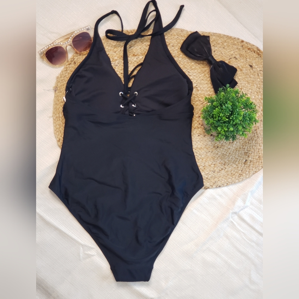 Black Halter Lace-Up Swimsuit - Picture 2 of 2
